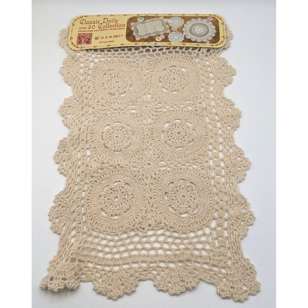American Crafts Crochet Doily Rectangle Runner Beige Cotton NOS 12x18